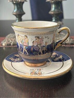 Vintage Gold-Trimmed Cobalt Blue Greek  Scene Tea Cup & Saucer